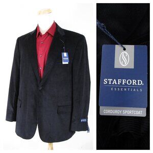 Stafford Mens Solid Black Corduroy Two Button Sport Coat Jacket Size 46L